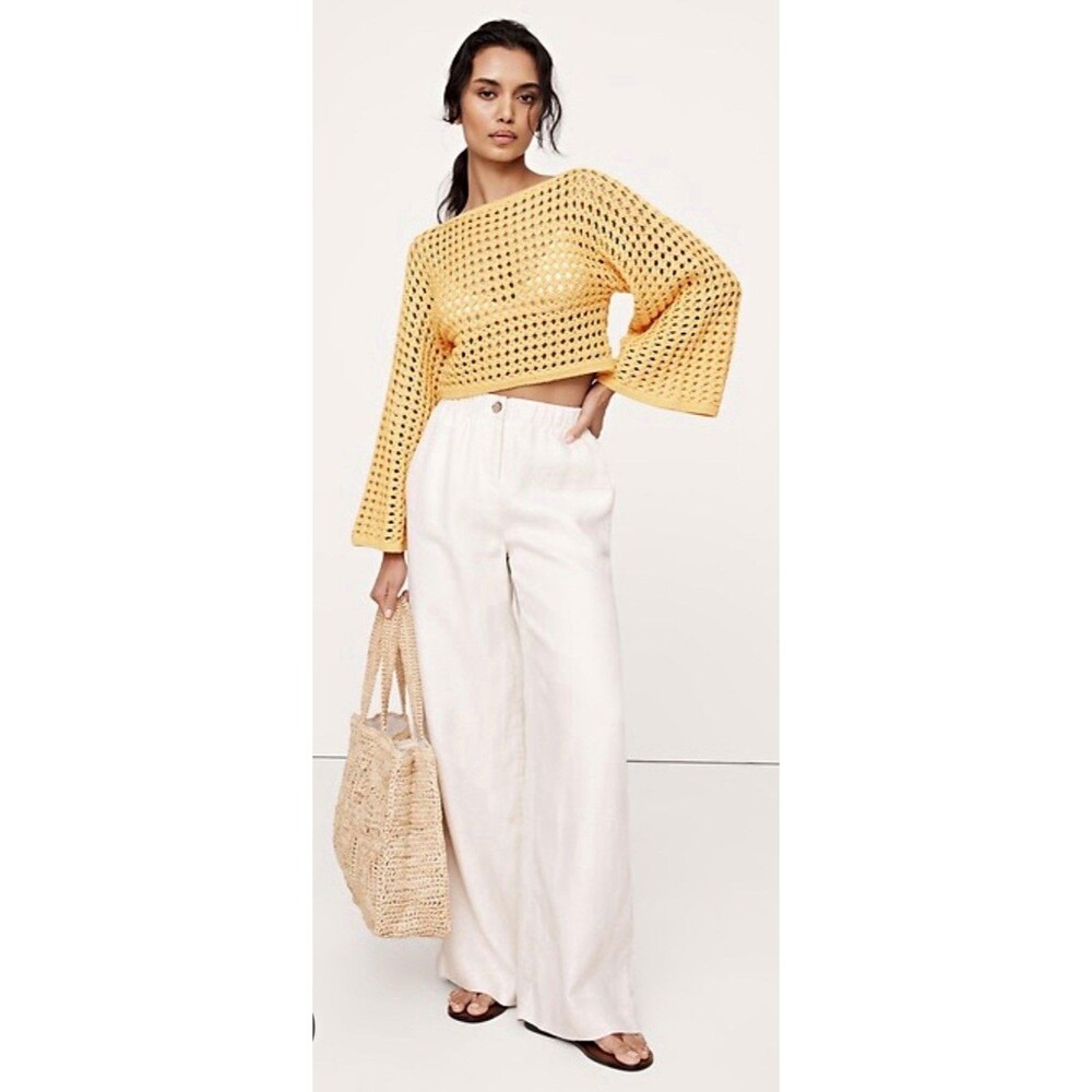 Banana Republic Yellow Cotton Crochet Open-Knit Cropped Boat Neck Sweater Size S